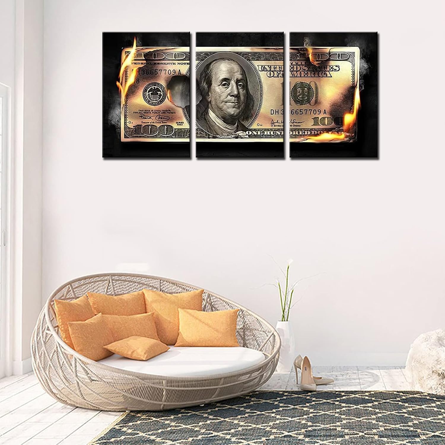 Canvas Wall Art Money Artwork Decor Dollars For Home Decor,3 pieces 100 Dollars Cash Money Collection for Mens Office Black and White Decorations for Living Room Framed Ready to Hang 42''x20'' - Image 3
