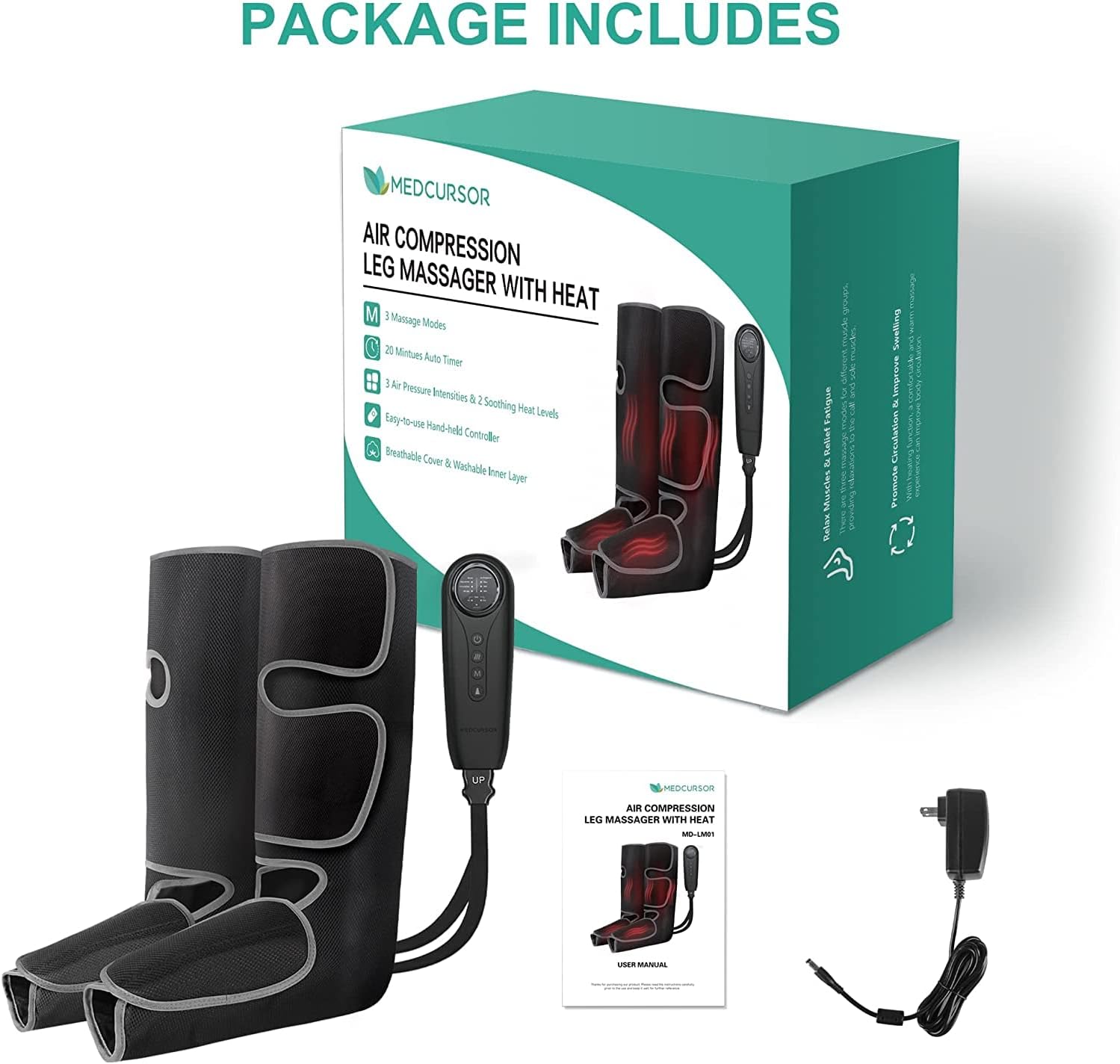 Medcursor Air Compression Leg Massager with Heat, Calf and Foot Massager for Circulation and Fatigue Relief, Home Office Use - 3 Modes, 3 Intensities 2 Heat, Grey : Health & Household