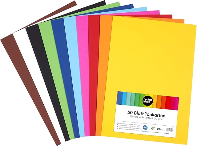 perfect ideaz 50 Sheets Coloured Art Paper, A3 Size Construction Paper (11.69 x 16.54 in), in 10 Different Solid-Colours, 210 g/m² Quality Sheets