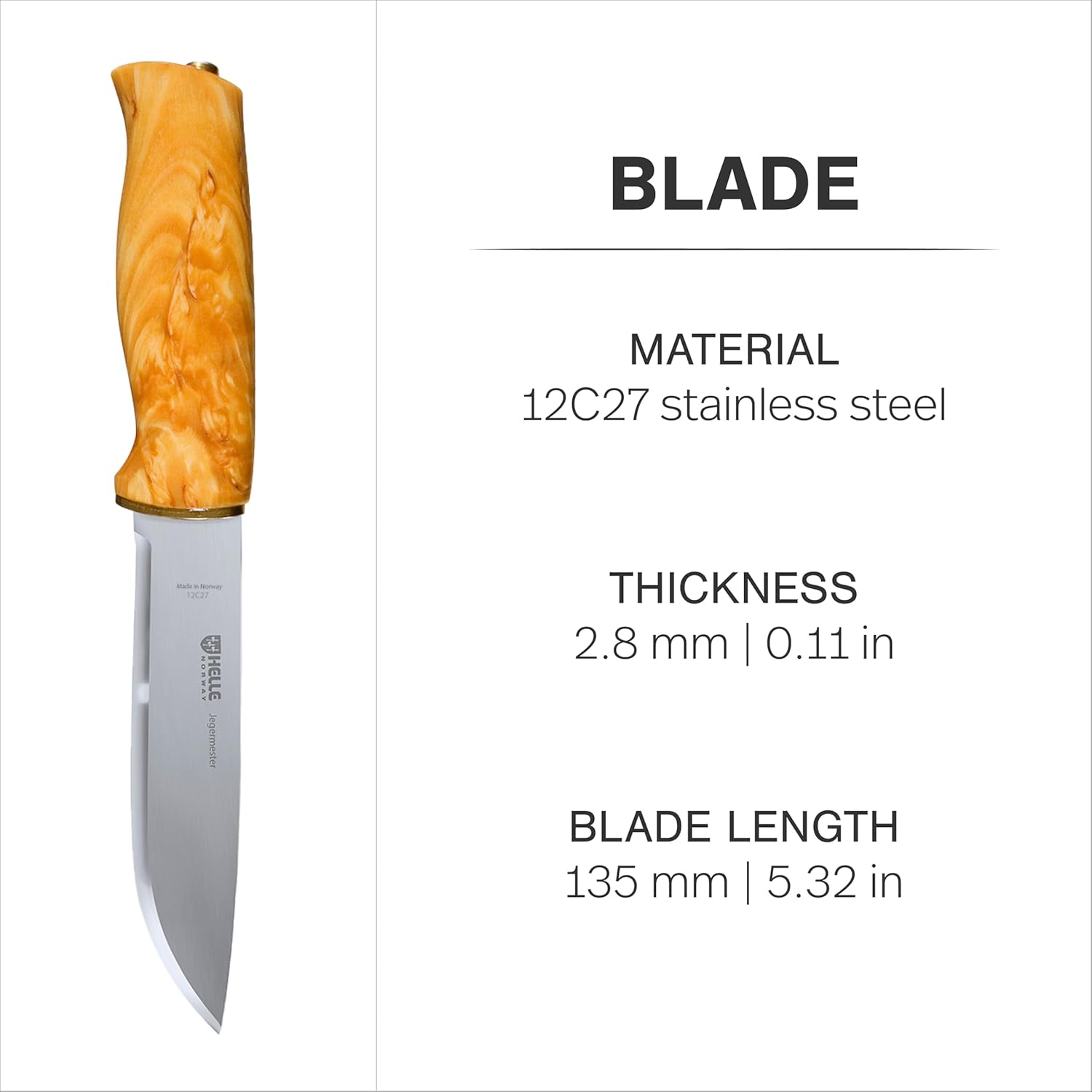 HELLE Knives - Jegermester - Outdoor Adventure Camping Knife, Stick Tang Stainless Steel Fixed Blade with Sheath, Curly Birch Handle, Made in Norway