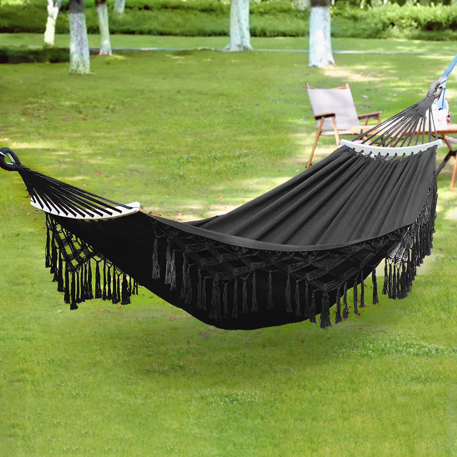 Hängematte Outdoor Boho, XXL Übergroßer Hängematte Hängesessel 2 Personen max 440 lbs, Hängeschaukel mit Tasche Holzstange Hängematte Indoor & Outdoor für Patio Garten Terrasse Wohn-Schlafzimmer