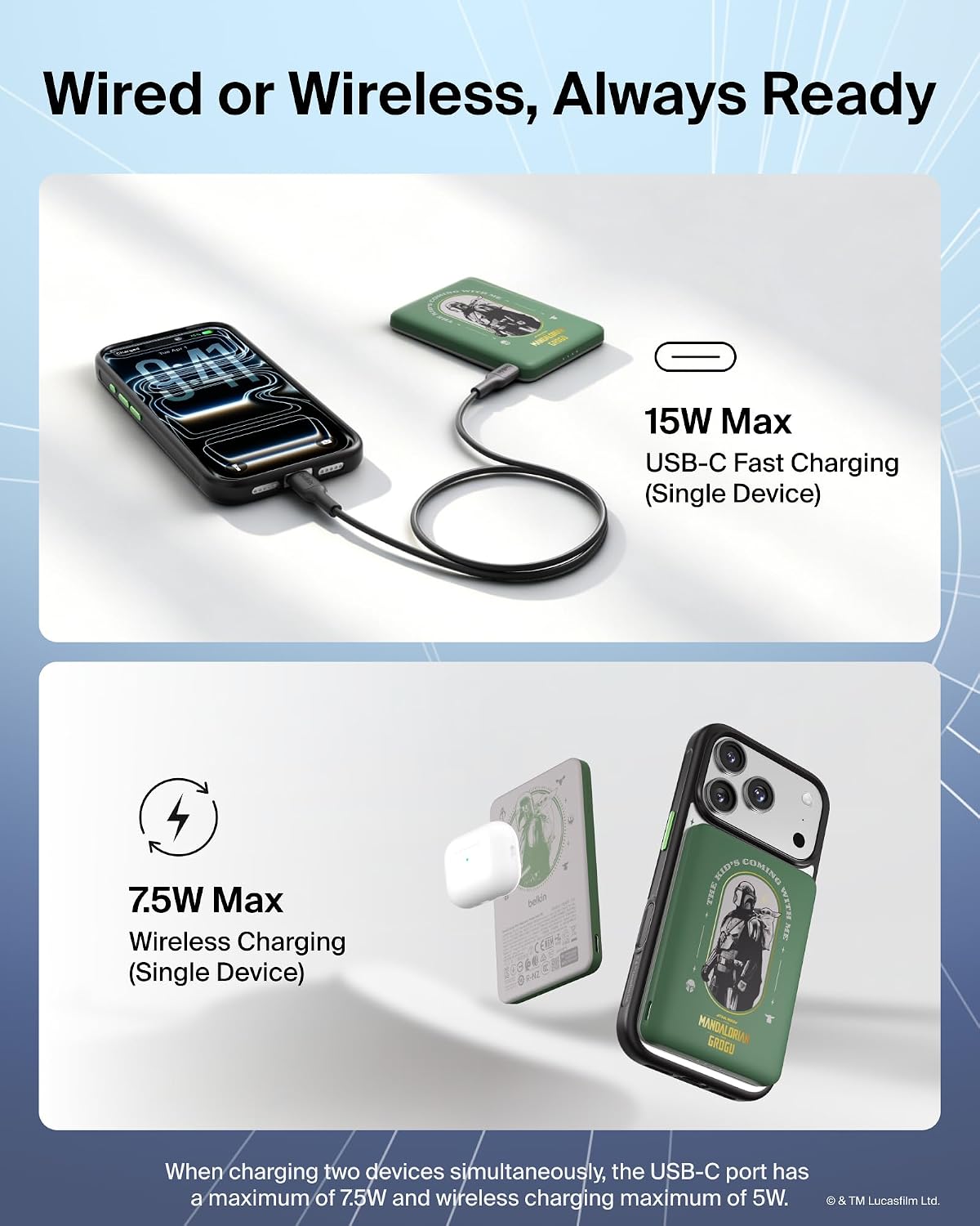 Belkin Disney Mando & Grogu Magnetic Power Bank 5,000mAh, Slim Portable Charger w/Magnetic Ring and USB C Port, Wireless Battery Pack USB C Charger for iPhone 17, iPad, Galaxy, Pixel, Tablet, Travel 5 71fStDdV3aL. AC SL1500