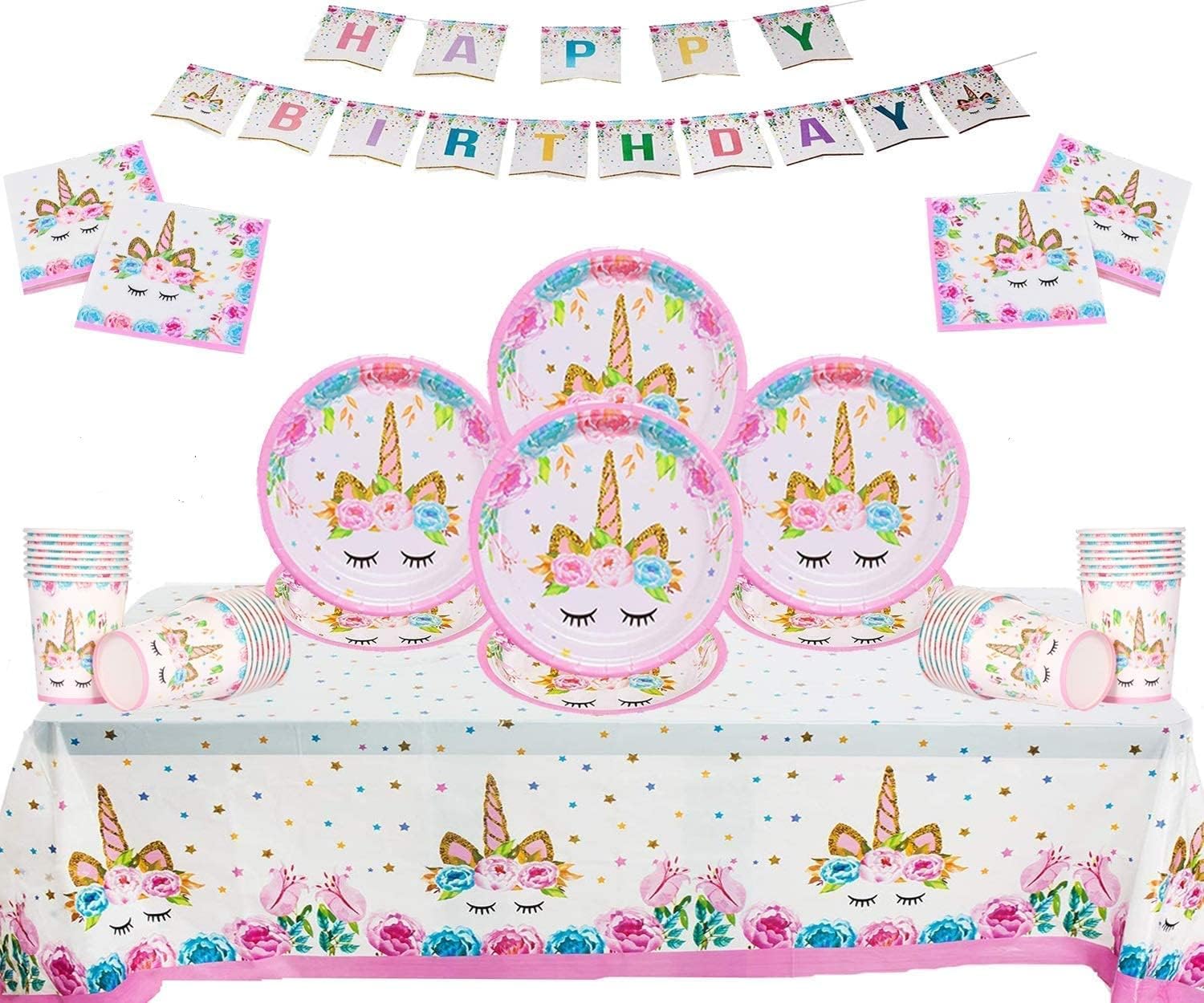 Unicorn Theme Party Supplies - 50 Piece Kids Birthday Party Decorations Set, Included - Plates, Cups, Napkins, Tablecloth and Paper Banner, Serve 16 Guests