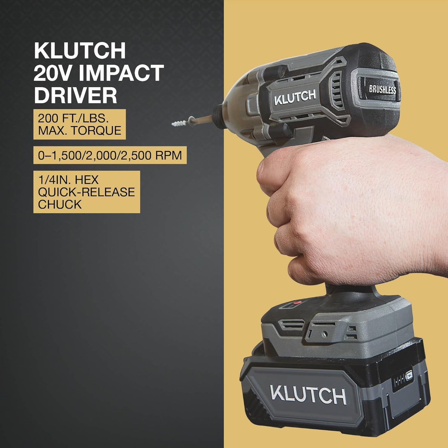 Klutch Drill/Driver and Impact Driver Kit, KLiQ 20 Volt Brushless, 1/2in. and 1/4in.