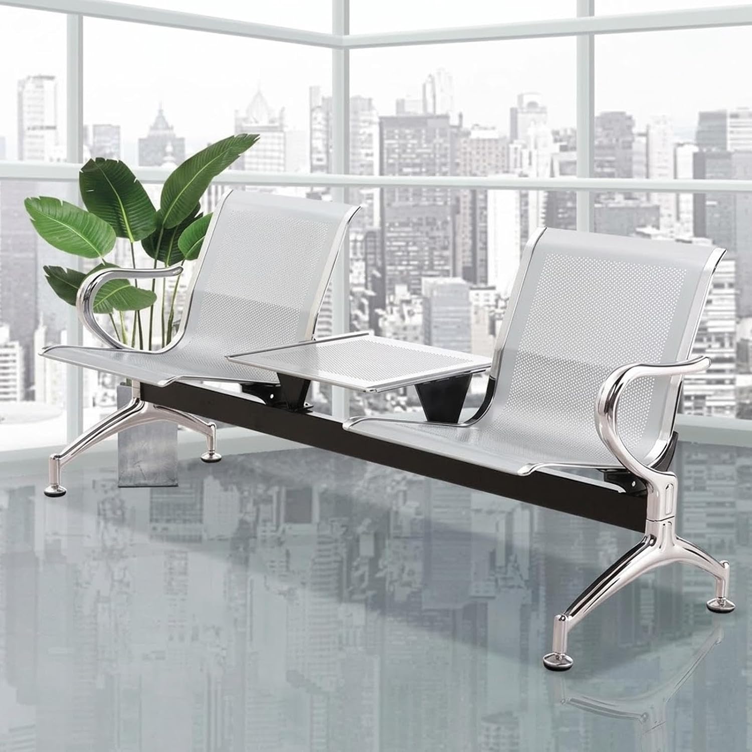 Waiting Room Chairs with Table, 2 Seat Stainless Steel Reception Bench
