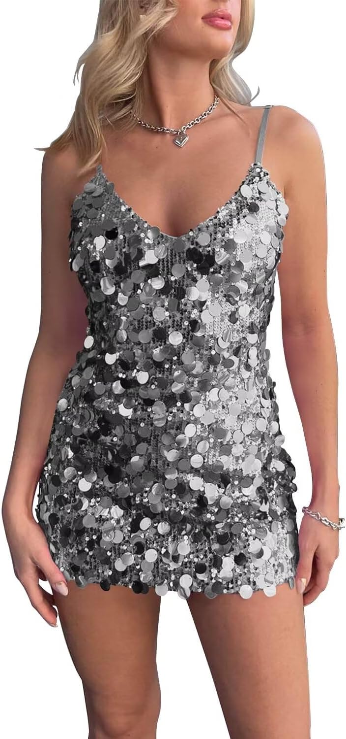Verngo Sparkly Sequin Homecoming Dresses 2024 Short Spaghetti Strap Tight Cocktail Party Gowns for Teens