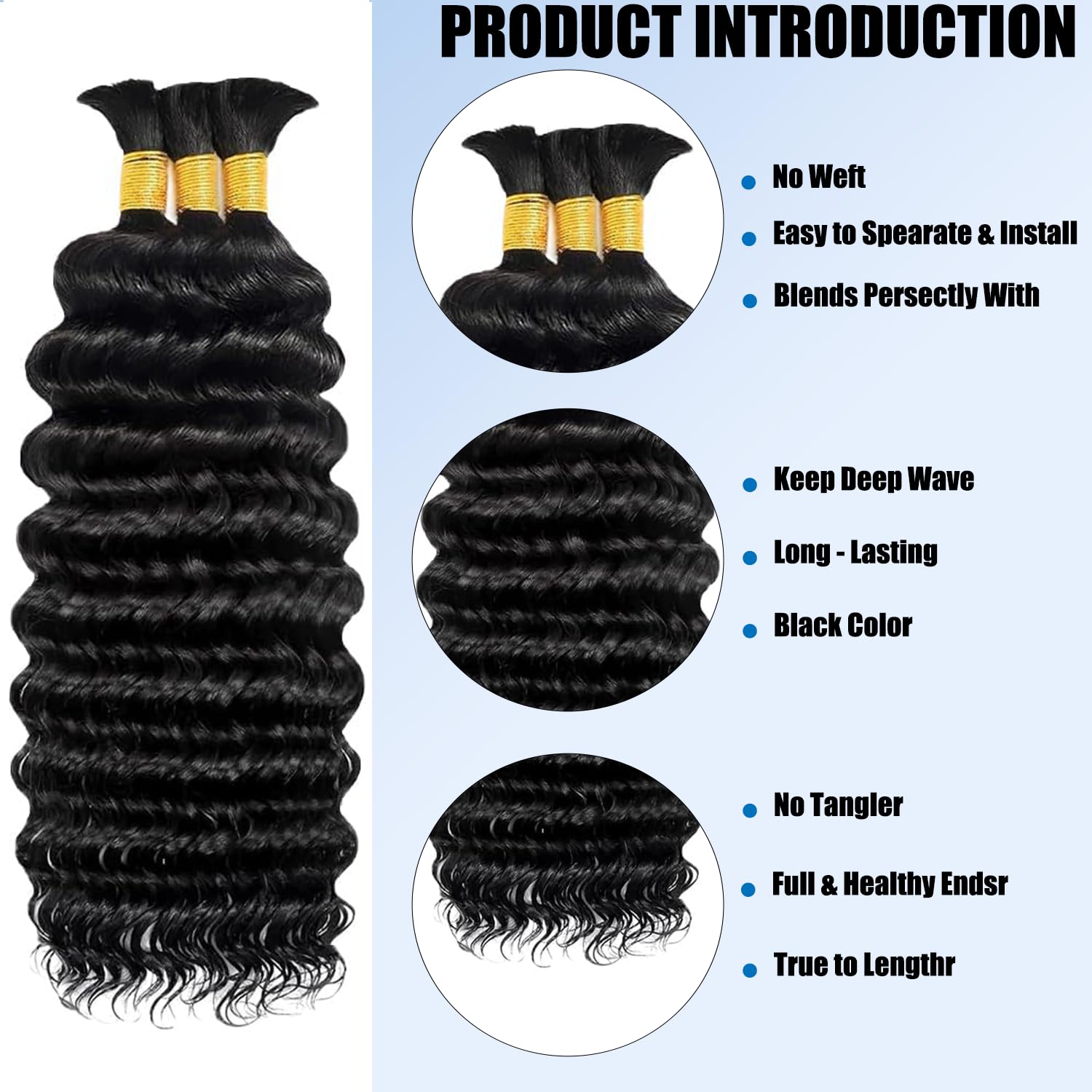 #1B Natural Black Human Braiding Hair 22 Inch 150g 3 Bundles/Pack Bulk Deep Wave No Weft Human Hair for Boho Box Braids Extensions