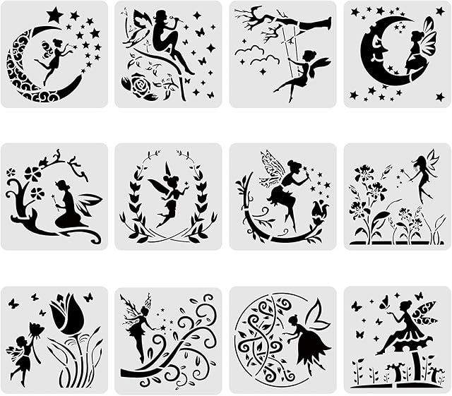 BENECREAT 12PCS Plastic Drawing Templates 12x12 Inches Angel & Fairy moon flowers Pattern Painting Template Stencil for Scrabooking Card Making, DIY Wall Floor Decoration