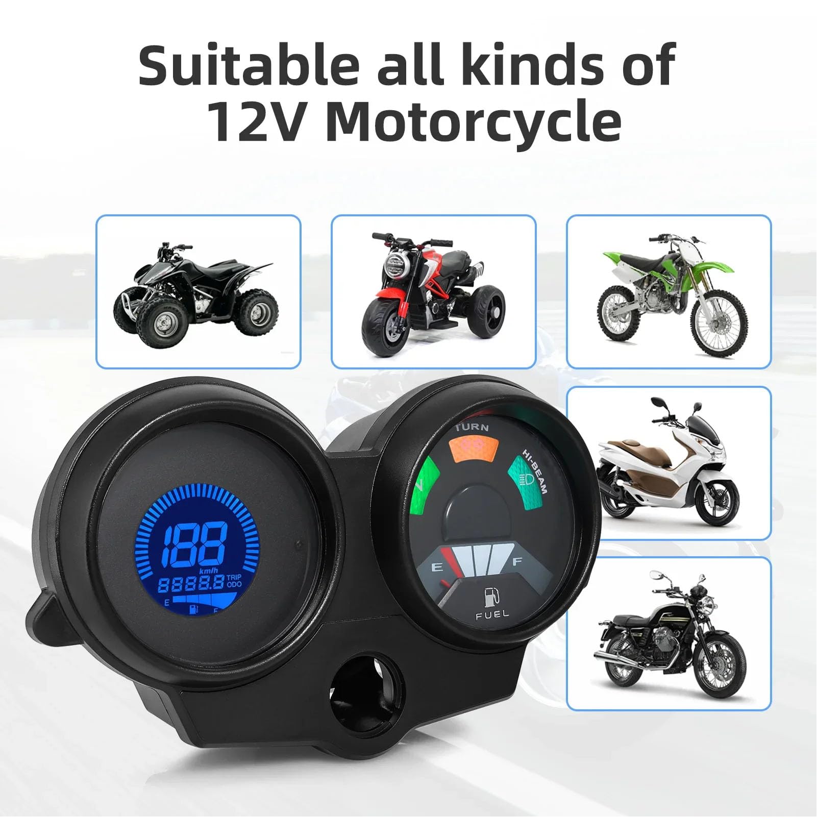 Velicero de Motocicleta Universal LCD Digital Odómetro Medidor de Nivel de Combustible Ajustable 7 Colores DC 12V Multifuncional Calibre