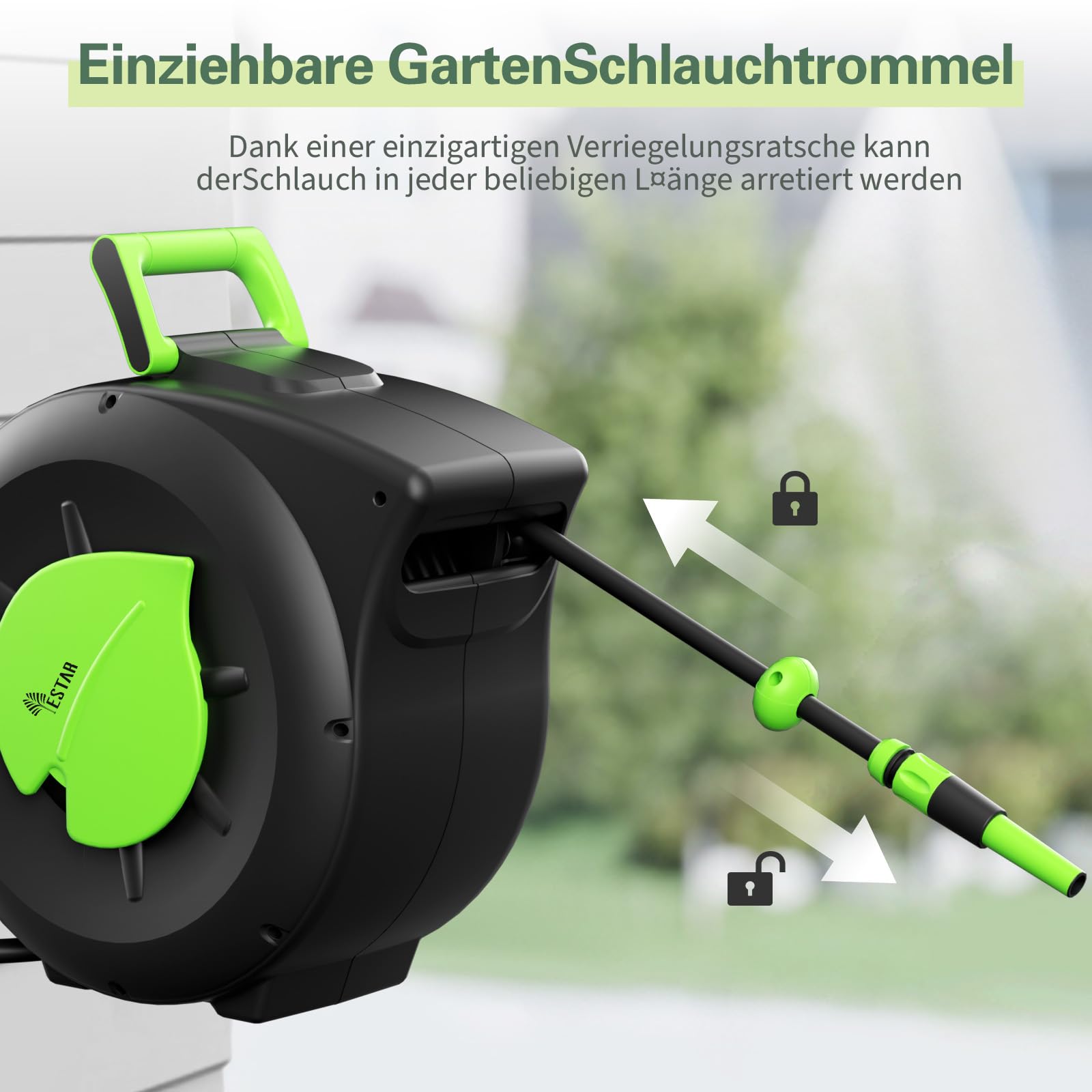 Schlauchtrommel 30m+2m, Wandmontage Schlauchbox mit Aufroll-Automatik & 180° Schwenkbar, Inkl Spritze & Montagehilfe, für Gartenbewässerung & Autowäsche