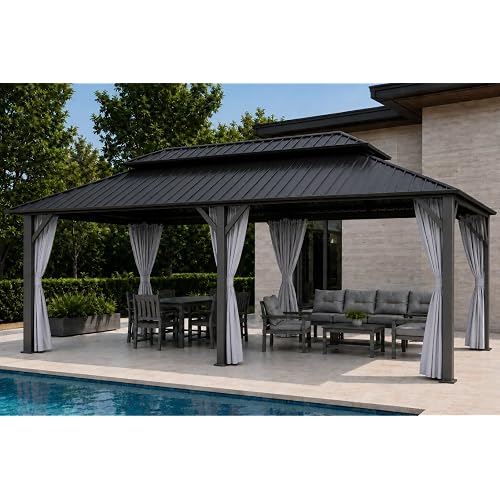 12x20 FT Hardtop Gazebo, Extra Large Double Roof Galvanized Steel Outdoor Pavilion, Heavy Duty Metal Frame Pergola with Netting & Curtains for Backyard, Deck, Gray