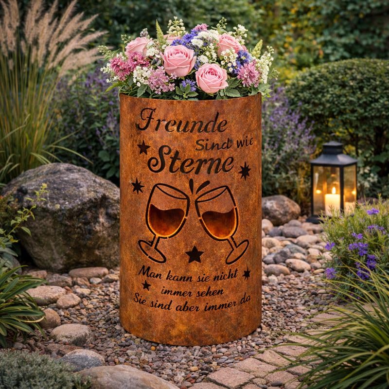 Feuertonne aus Stahl mit Spruch Freunde sind wie Sterne