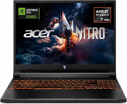 Acer Nitro V 16 WUXGA 180Hz IPS AI Gaming Laptop, Ryzen AI 7 350, RTX 5060 with 8GB GDDR7 VRAM, 32GB DDR5 RAM, 1TB PCIe Gen4 SSD, Copilot PC Laptop, Win 11