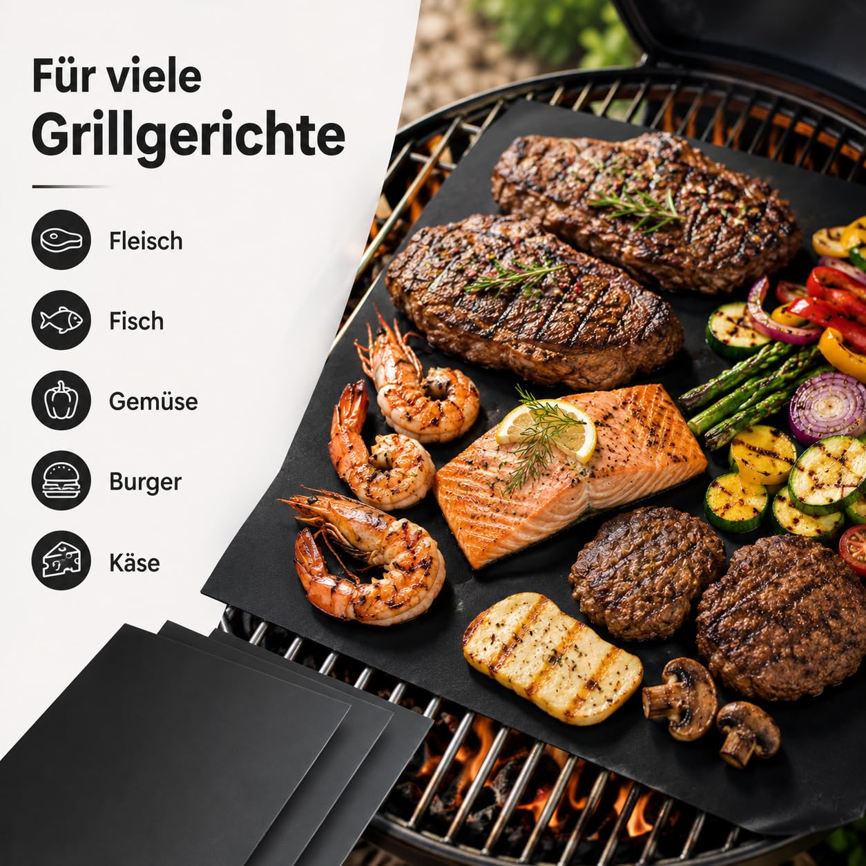 BBQROX maty do grillowania, zestaw 3 szt. (50 x 40 cm do 300°C), zwycięzca porównania 2024, do grilla gazowego, grilla elektrycznego i piekarnika, wielokrotnego użytku, nieprzywierająca podkładka do
