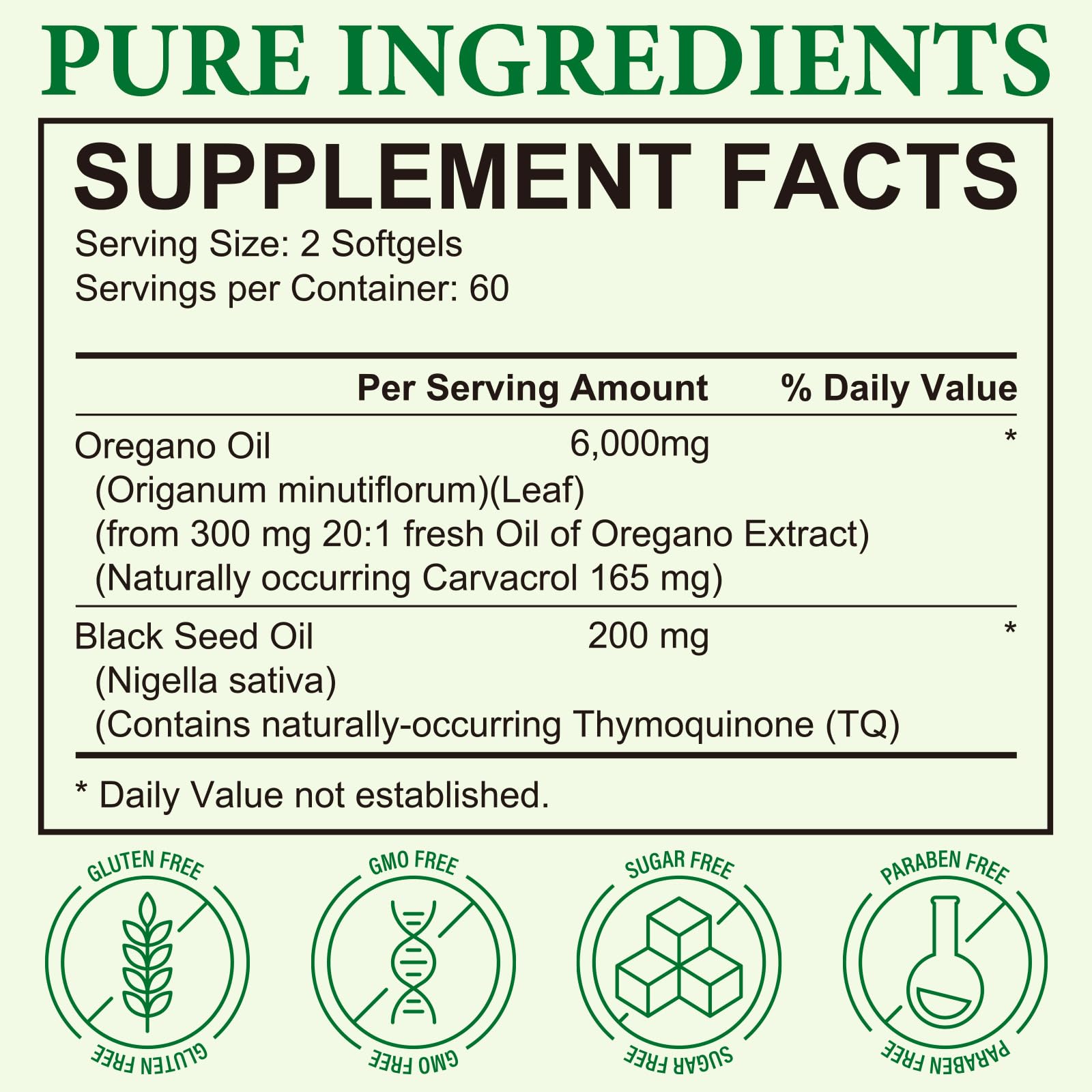 Capsule di olio di origano di Olio di semi neri, 2 in 1 6000 mg olio di origano con 200 mg di olio di semi neri con 165 mg di carvacrolo