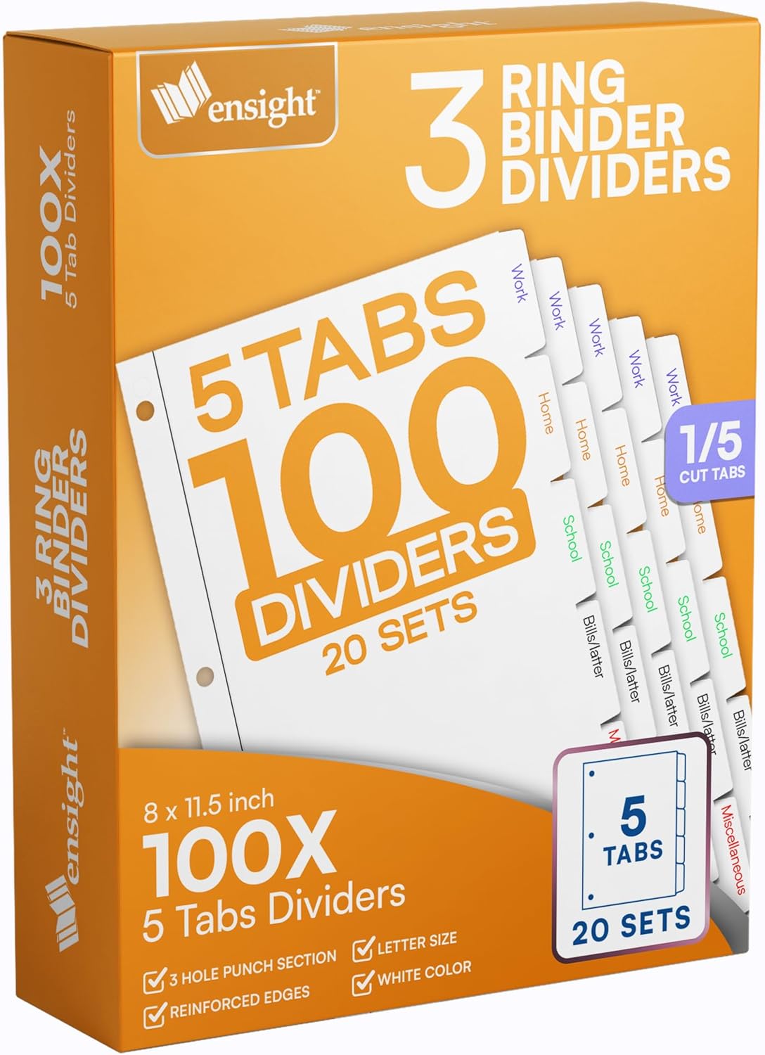 Ensight 3 Ring Page Dividers Bulk, 1/5 Cut Tab Dividers, 100 Per Box - Divider Pages with Tabs, Decorative Printable Rewritable Divider Tabs, Exhibit Tab Dividers for 3 Ring Binders Bulk