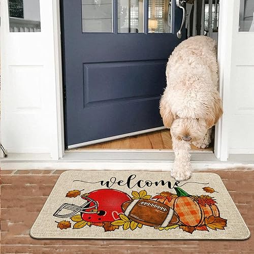Miniatura 6 de Baccessor Tapete de fútbol de otoño para interiores y exteriores, diseño de calabaza, otoño, deportes, día de juego, bienvenida, puerta delantera,