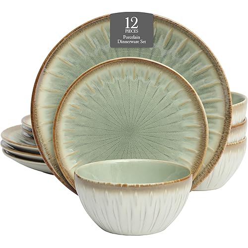 Gibson Elite Trescott Way 12-Piece Reactive Glaze Stoneware Dinnerware Set – Green Plates and Bowls