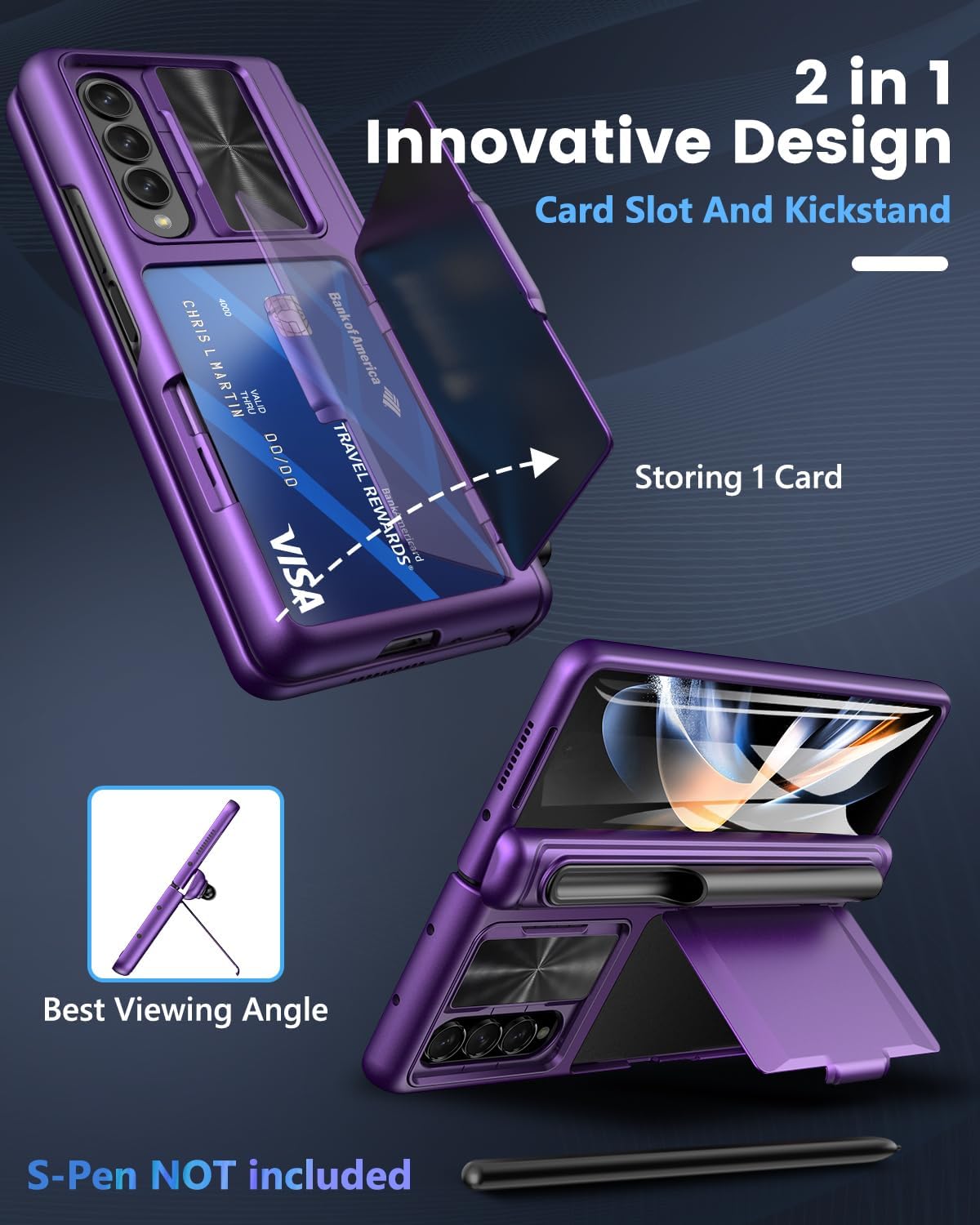 Viaotaily for Galaxy Z Fold 4 Case with Card Holder & S Pen Holder & Slide Lens Cover, Built-in Hinge Protection & Screen Protector, Durable Sturdy Phone Cover for Galaxy Z Fold 4, Dark Purple