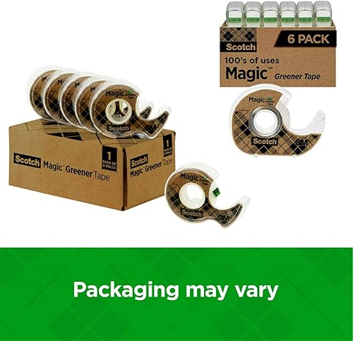 Miniatura 9 de Scotch Magic Greener Tape, 6 rollos, numerosas aplicaciones, cinta invisible, diseñada para reparación, 34 pulg. x 600 in., 6 dispensadores (6123)