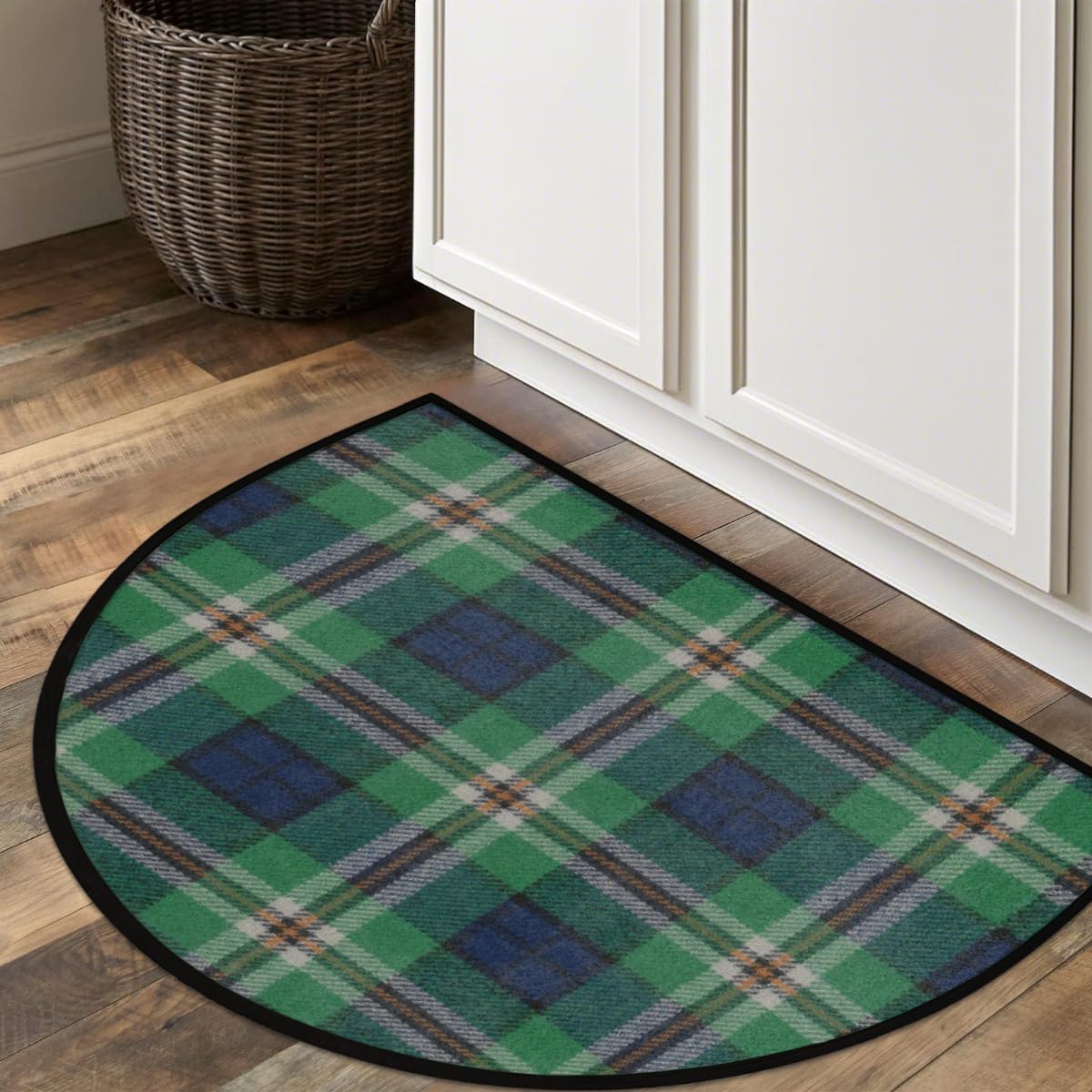 Half Round Door Mat - Indoor Outdoor Green Plaid Fabric Half Circle Rug for Entryway, Bathroom, Kitchen, Living Room - Washable Non-Slip Half Moon Mat with Boho Floral Vintage - Small Floor Mat
