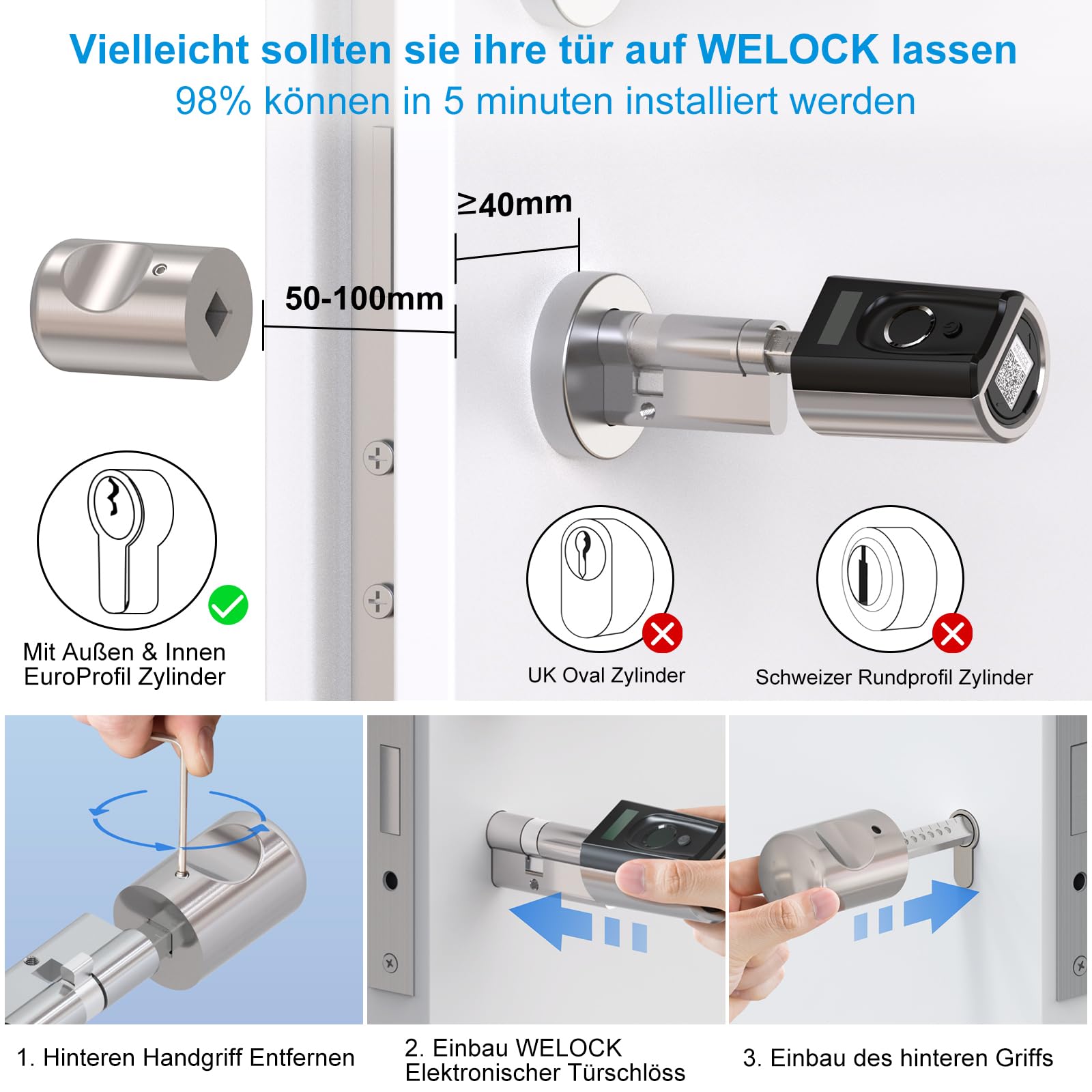 WELOCK Touch41 Türschloss Fingerabdruck mit WIFIBOX 3 für Profiltüren | Elektronisches Türschloss, RFID-Karte, Bluetooth Wi-Fi Fernentriegelung, IP65, Arbeit mit Alexa fingerabdruck schloss