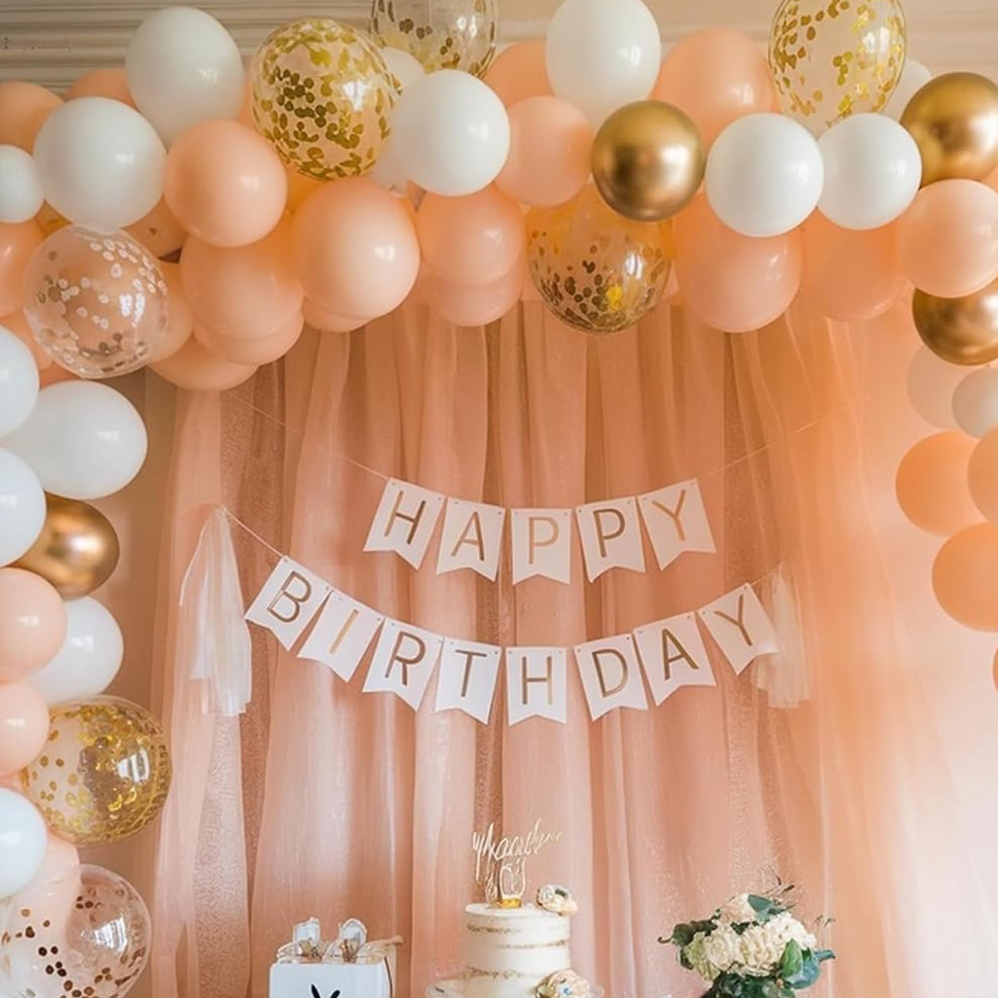SpecialYou Peach Theme Birthday Decoration Kit for Girls-78Pcs, Peach, Gold & White Balloons, 1st Birthday Decoration for Baby Girl, Net Backdrop for B'day Decor, Back Drop Curtain for Decorations 1