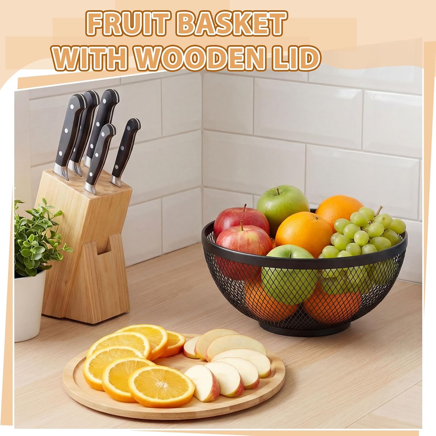 2 Pack Mesh Fruit Basket with Lids 9.8" Stackable Baskets with Bamboo Lid Fruits Holder for Kitchen Countertop Fruit Bowl with Lid Versatile Produce Storage(Black)