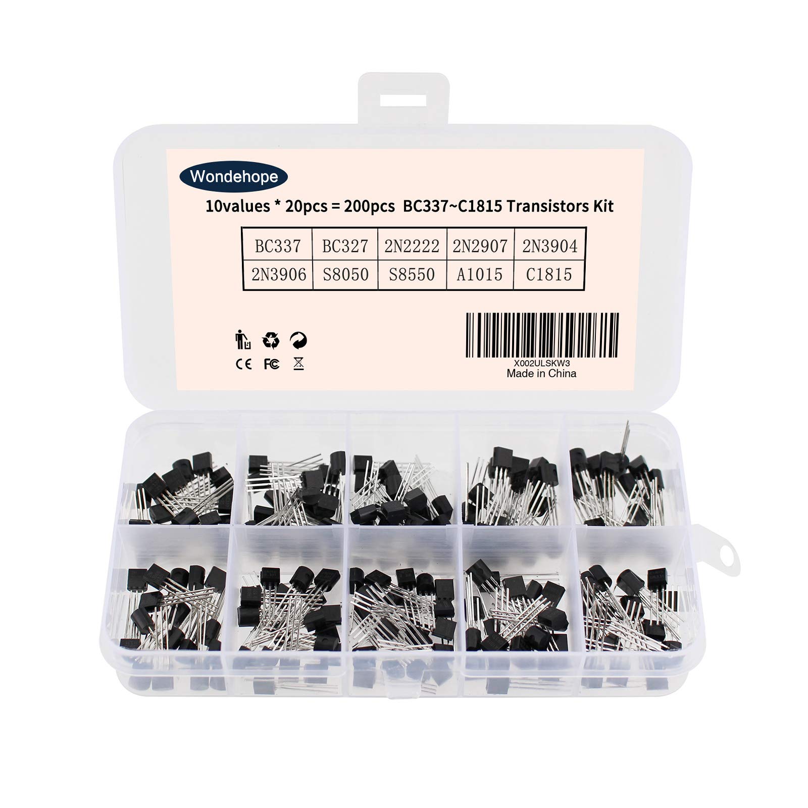 Kit 200 Transistor Assortiti NPN E PNP - 10 Modelli Da BC327 A BC558, In Scatola Trasparente Per Progetti Fai-da-te E Riparazioni