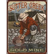 Sutter Creek California Gold Panner Rustic Metal Art Print from Travel Artwork by Artist Paul A. Lanquist 8.5" x 11.5"