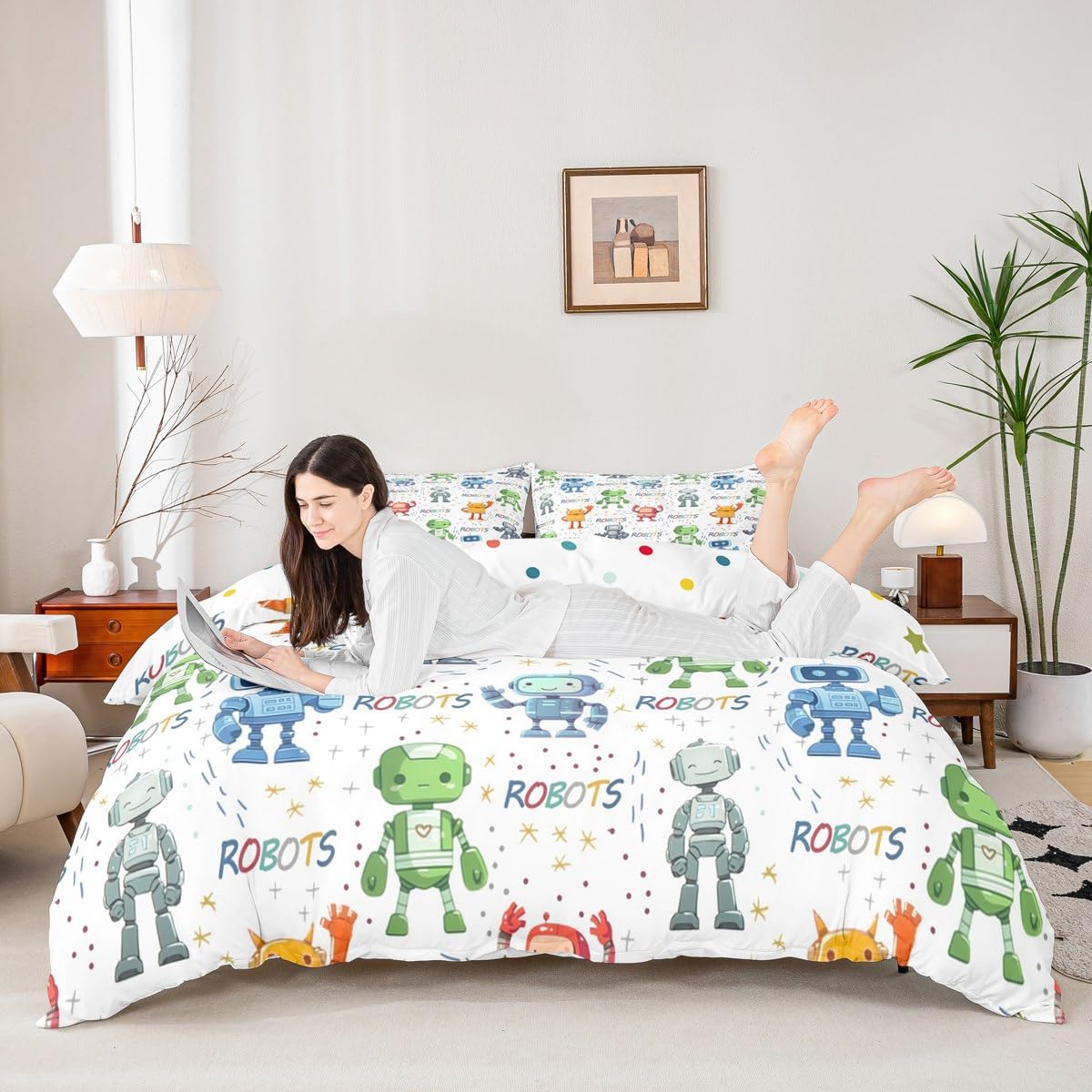 Parure de lit enfant robot housse de couette coton pour chambre garçon et fille
