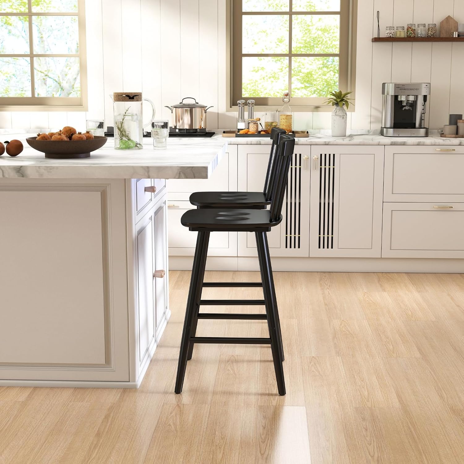 chairus 26" Black Windsor Counter Height Bar Stools Set of 6, Farmhouse Wooden Counter Stools with Spindle Back, Modern Rustic Kitchen Island Bar Chairs