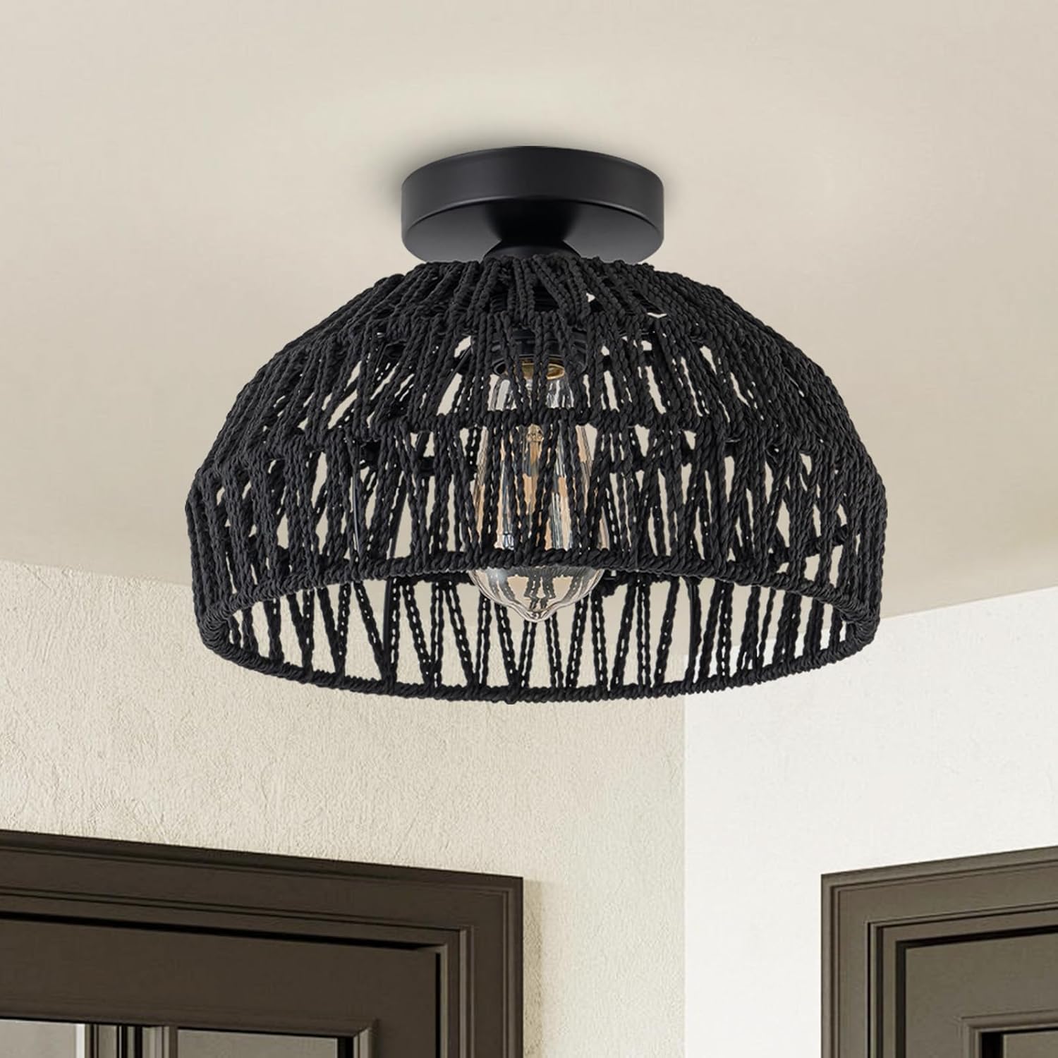 Black Rattan Ceiling Light Fixtures Boho Chandelier Small Woven Flush Ceiling Mount Lighting Fixture Close to Ceiling Light for Bedroom Kitchen Entryway Nursery Lights Hallway