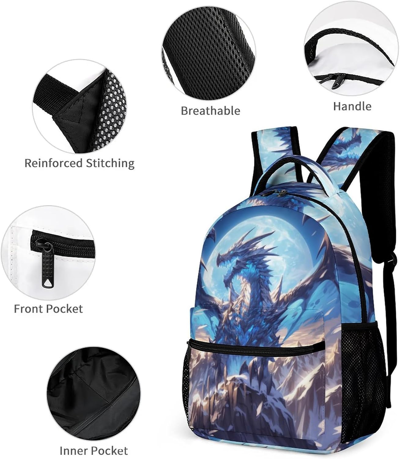 KOYI Kids Dragon Backpack Cool Blue Dragon with Moon School Backpack, Crazy Dragon Art Backpack for Boys, Elementary Boys Girls Travel Laptop Backpack for Dragon Lover, 16.5 Inch