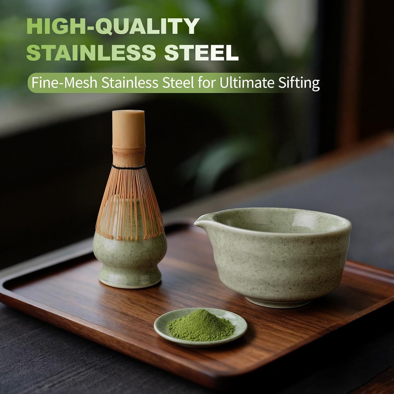 SIMPLETaste Matcha Whisk Set, 7 Pcs Ceramic Matcha Kit Includes Bowl, Whisk and Holder, Bamboo Scoop, Scoop Rest, Sifter and Tea Towel - Matcha Kit for Macha Lovers (Green)