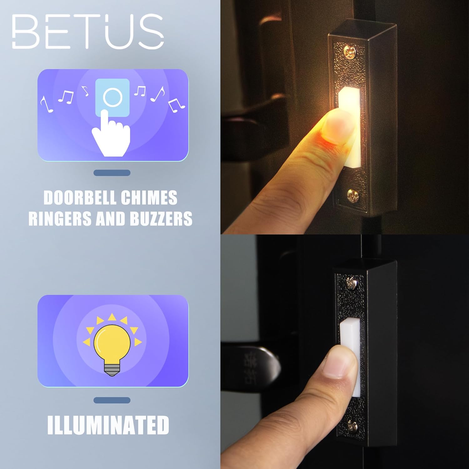 Betus LED Lighted Doorbell Button - Classic Rectangular Wall Mounted Door Push Buttons Opener Switch - Replacement Wired Doorbell Button for Most Door Bell Chimes (Black)