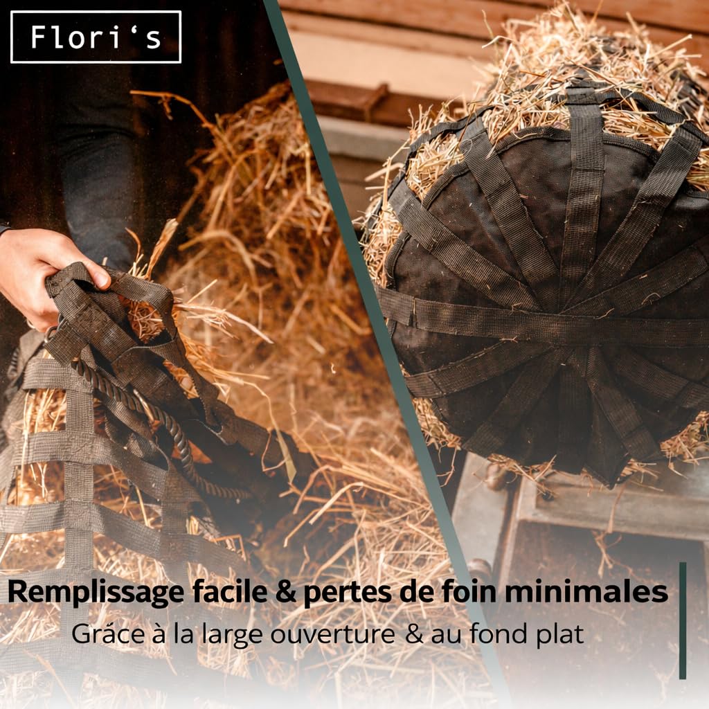 Flori's Filet à foin pour chevaux à mailles serrées - Sac à foin de qualité supérieure pour chevaux à l'alimentation adaptée à l'espèce - 90 x 60 cm - Capacité : jusqu'à 3 kg - Râteau à foin - Jouet