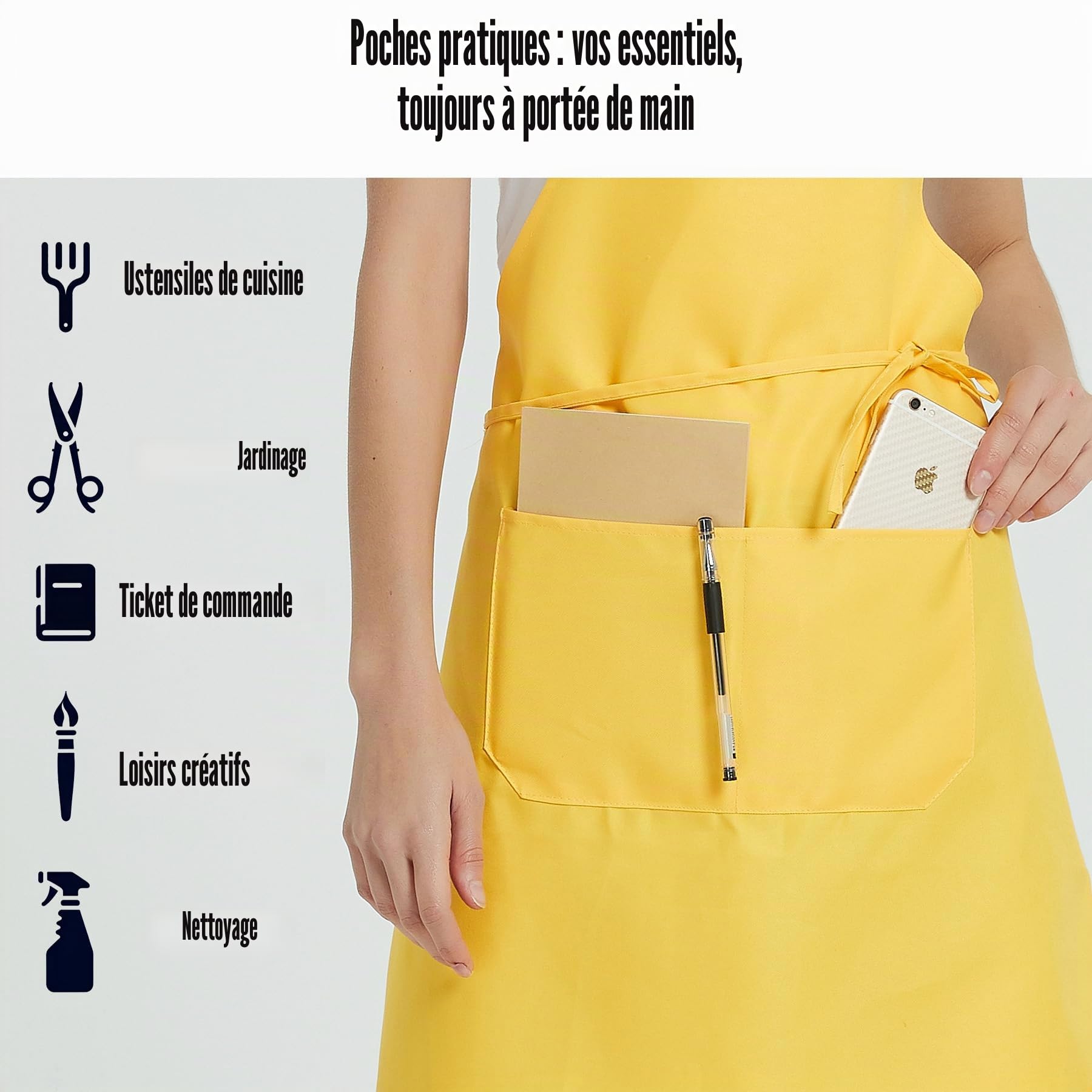 NOBONDO Lot de 12 tabliers unisexes avec 2 grandes poches lavables en machine pour la cuisine, les travaux manuels, le barbecue, le dessin, noir