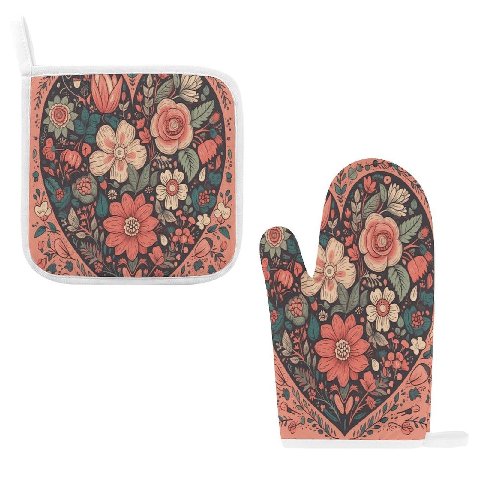 Btcowzrv Style Heart With Flowers Oven Mitts And Pot Holders 2Pcs Set