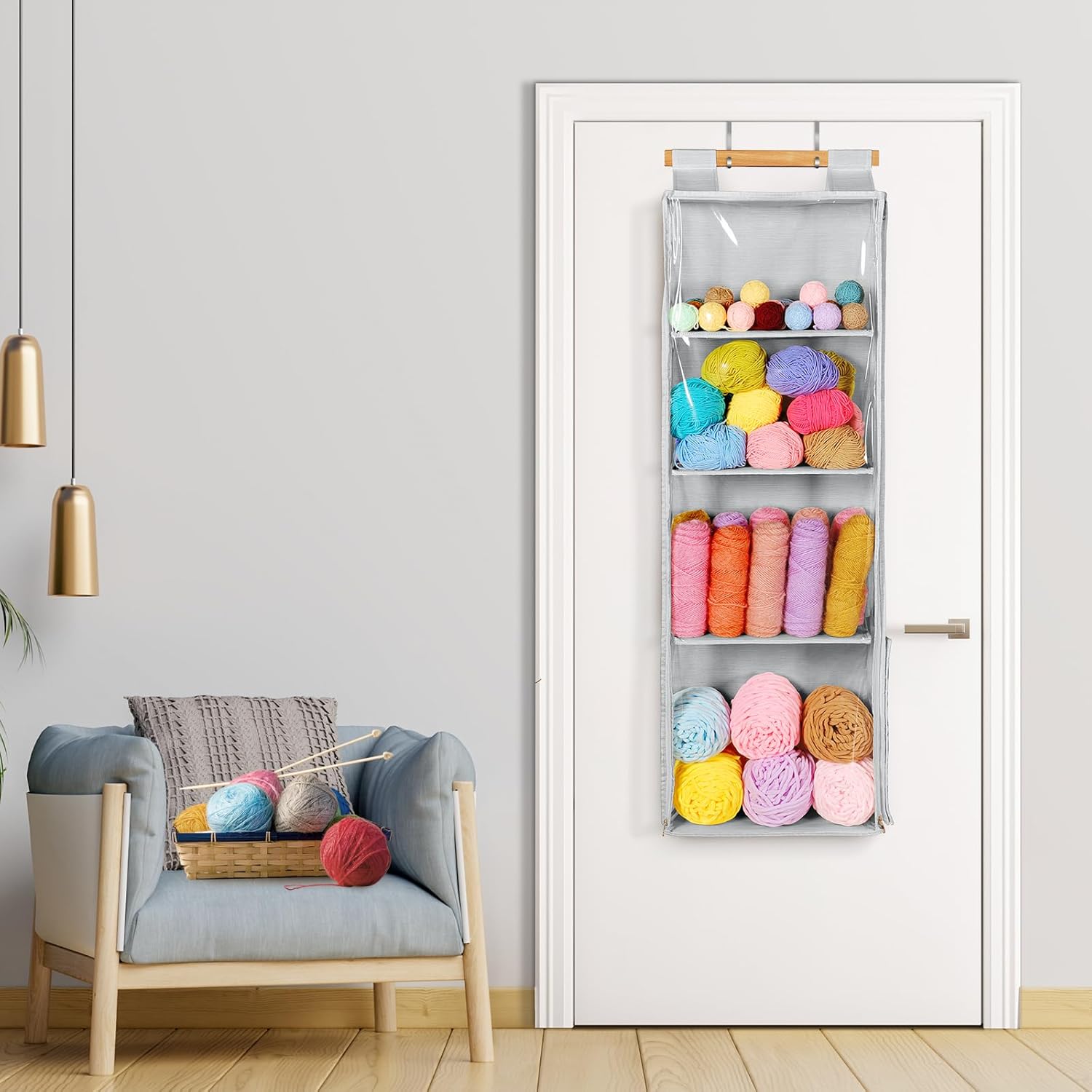 Univivi Hanging Yarn Storage Organizer with 4 Large Clear Pockets, Clear Knitting Storage Organizer with Two-way Zipper, Over the Door Hanging Yarn Holder for Crochet Lovers (Grey)