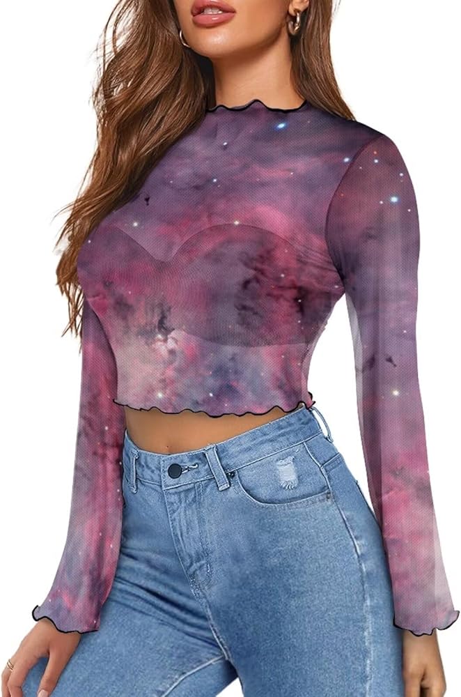 OZELANSAY Women's Galaxy Theme Bell Sleeve Crop Top Purple Mesh