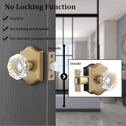 Miniatura 4 de Gobrico Paquete de 5 pomos de puerta de cristal de paso en latón antiguo para pasillo, armario, lavandería, forma octágono transparente, sin llave,