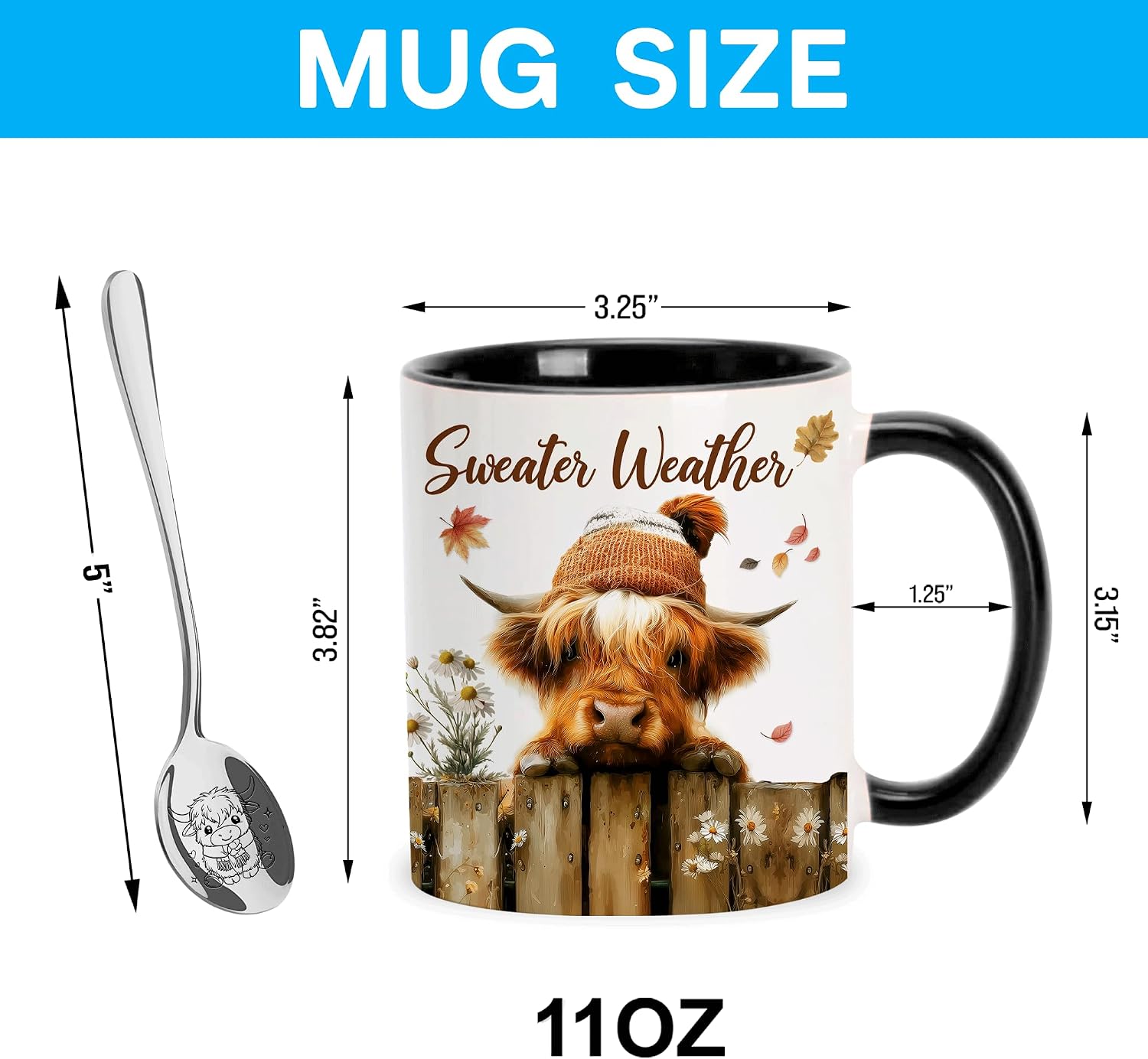 Hyturtle Fall Highland Cow Coffee Mug with Spoon, Birthday Gifts For Cow Lovers, Autumn Decor Gifts For Farmhouse Thanksgiving, Autumn Present for Women 11oz White Two-Tone Ceramic Coffee Tea Mug