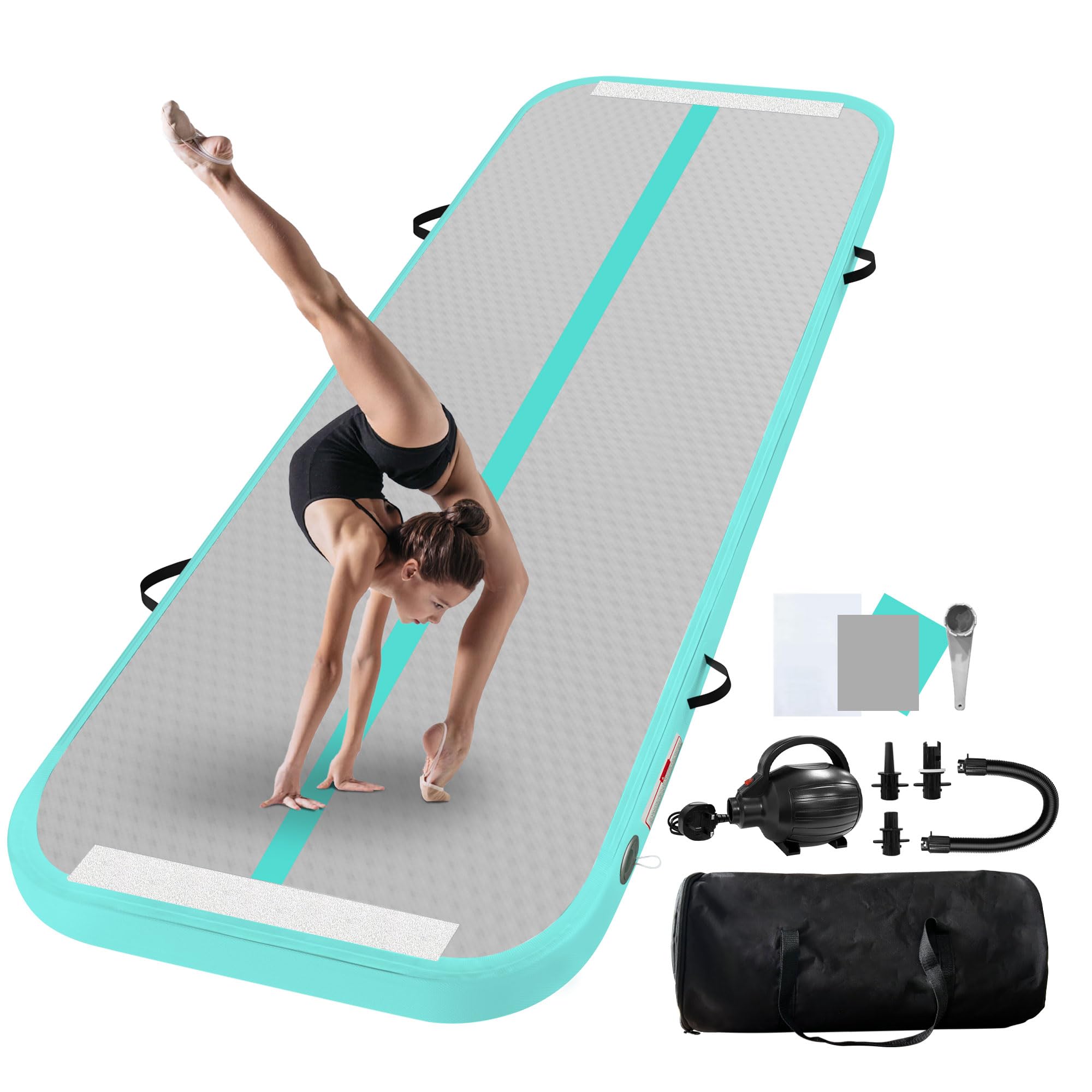 UrbanLuxe Air Tumble Track Gymnastics Mat, Inflatable Gymnastics Tumbling Mat 6.6ft 10ft 13ft 16ft 20ft/4In Air Tumble Track with Air Pump, For Family Use/Yoga/Water/Dance-5m, Grey-Green