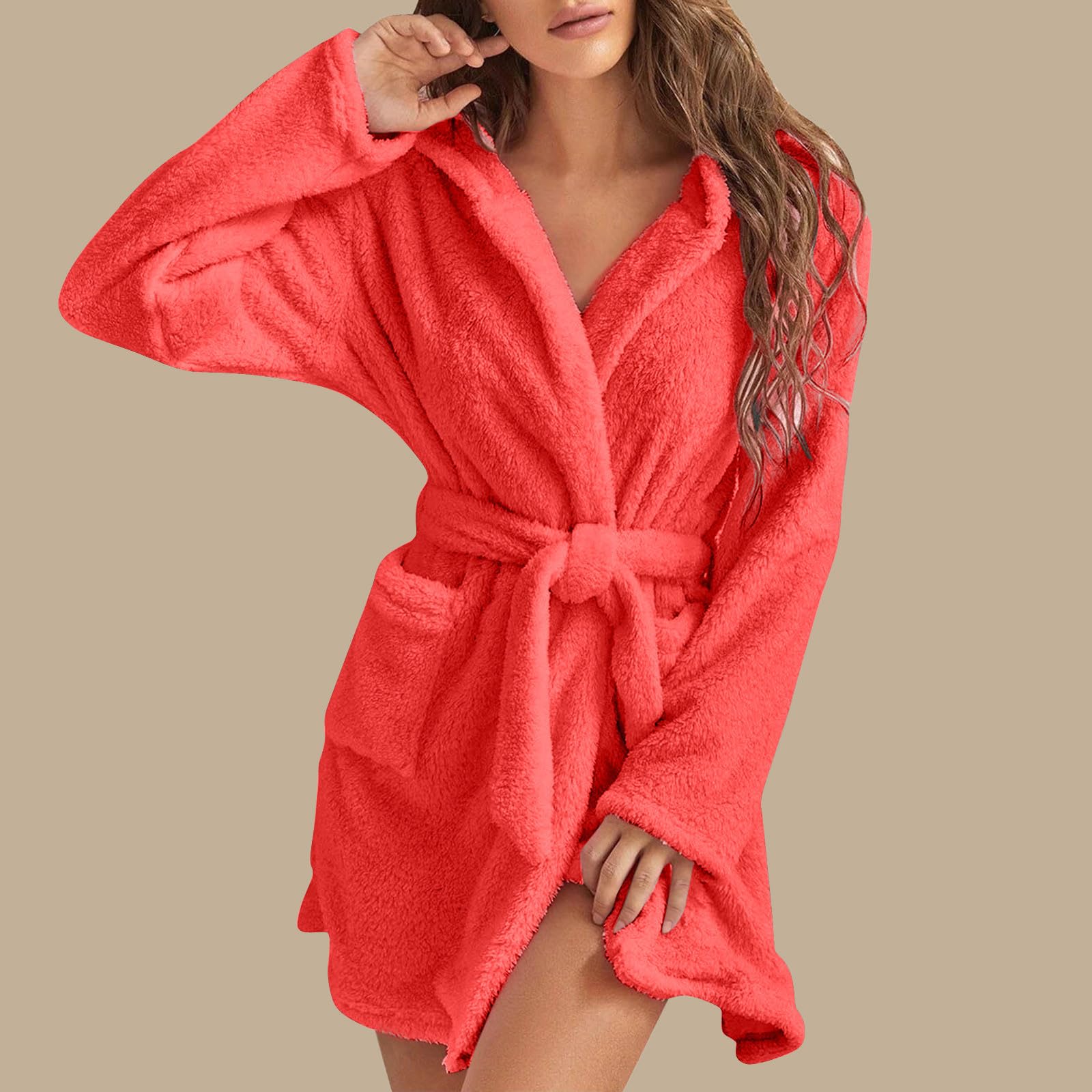 Bata de Baño Roja Lisa para Mujer, Cómoda y Suave Bata de Franela de Manga Larga con Capucha, Acogedora y Esponjosa, Cálida y con Bolsillos para El Invierno.