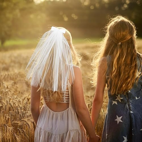Miniatura 6 de Lurrose Diadema de flores con velo y lazo, corona de primera comunión para boda, cumpleaños, fiesta de princesa, accesorios para el cabello, 19.7 x