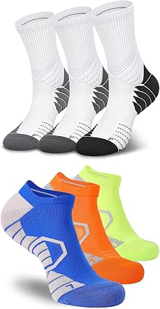 Hylaea 6 Pairs Running Socks for Men, Coolmax Anti-Blister Cushion Socks for Athletic, Padded Moisture Wicking & Seamless Size L Grey & Green Blue Orange
