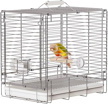 Bird Carrier Travel Cage - 304 Stainless Steel Portable Folding Bird Travel Cage with Parrot Feeder Cups & Standing Perch for Smaller Birds Conures Lovebird Cockatiel Parakeets White