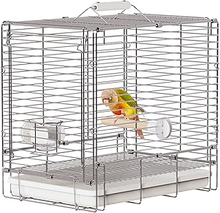 Bird Carrier Travel Cage - 304 Stainless Steel Portable Folding Bird Travel Cage with Parrot Feeder Cups & Standing Perch for Smaller Birds Conures Lovebird Cockatiel Parakeets (White)