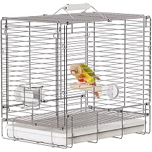 Bird Carrier Travel Cage - 304 Stainless Steel Portable Folding Bird Travel Cage with Parrot Feeder Cups & Standing Perch for Smaller Birds Conures Lovebird Cockatiel Parakeets White
